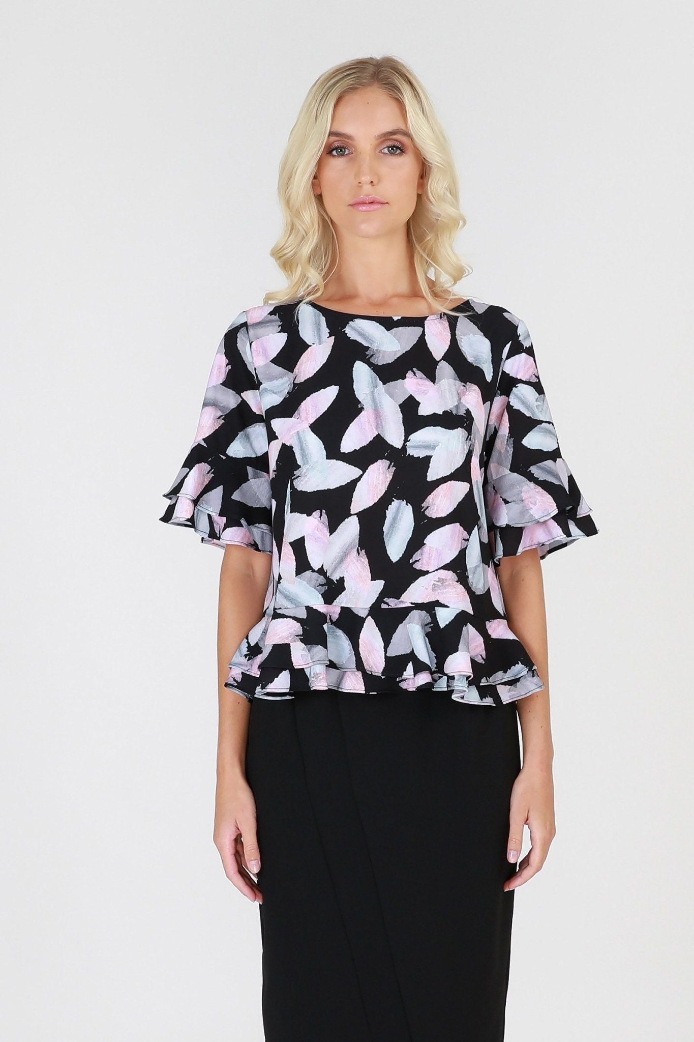 3RD Love Rainbow Romance Ruffled Hem Top in Print - Hey Sara