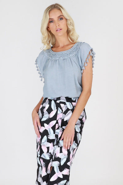 3RD Love Vivid Blues Tassel Sleeved Blouse in Steel Blue - Hey Sara