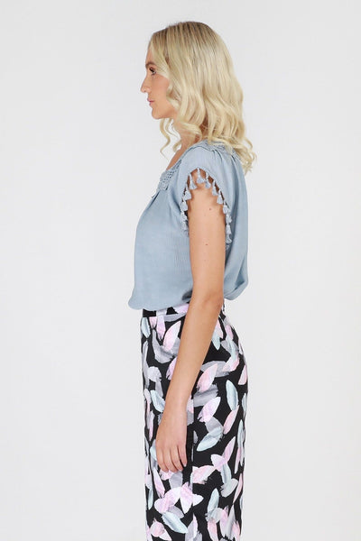 3RD Love Vivid Blues Tassel Sleeved Blouse in Steel Blue - Hey Sara