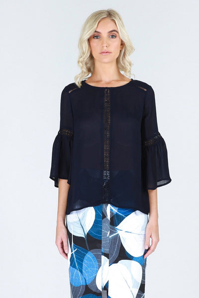 3RD Love Vivid Navy 3/4 Bell Sleeved Top with Lace Inserts - Hey Sara
