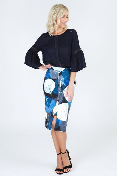 3RD Love Vivid Navy 3/4 Bell Sleeved Top with Lace Inserts - Hey Sara