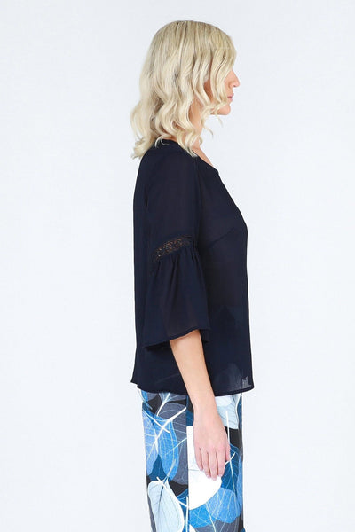 3RD Love Vivid Navy 3/4 Bell Sleeved Top with Lace Inserts - Hey Sara