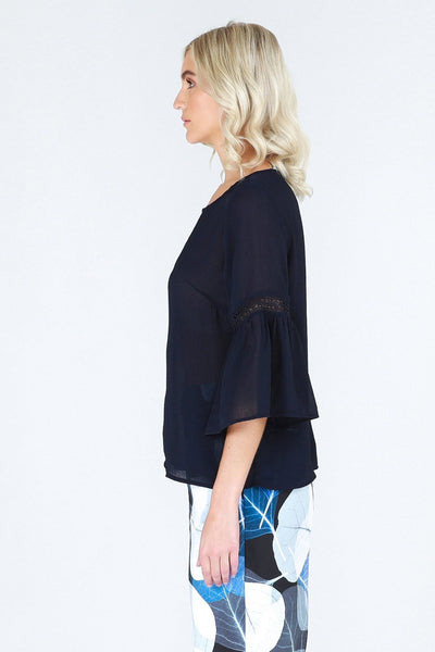 3RD Love Vivid Navy 3/4 Bell Sleeved Top with Lace Inserts - Hey Sara