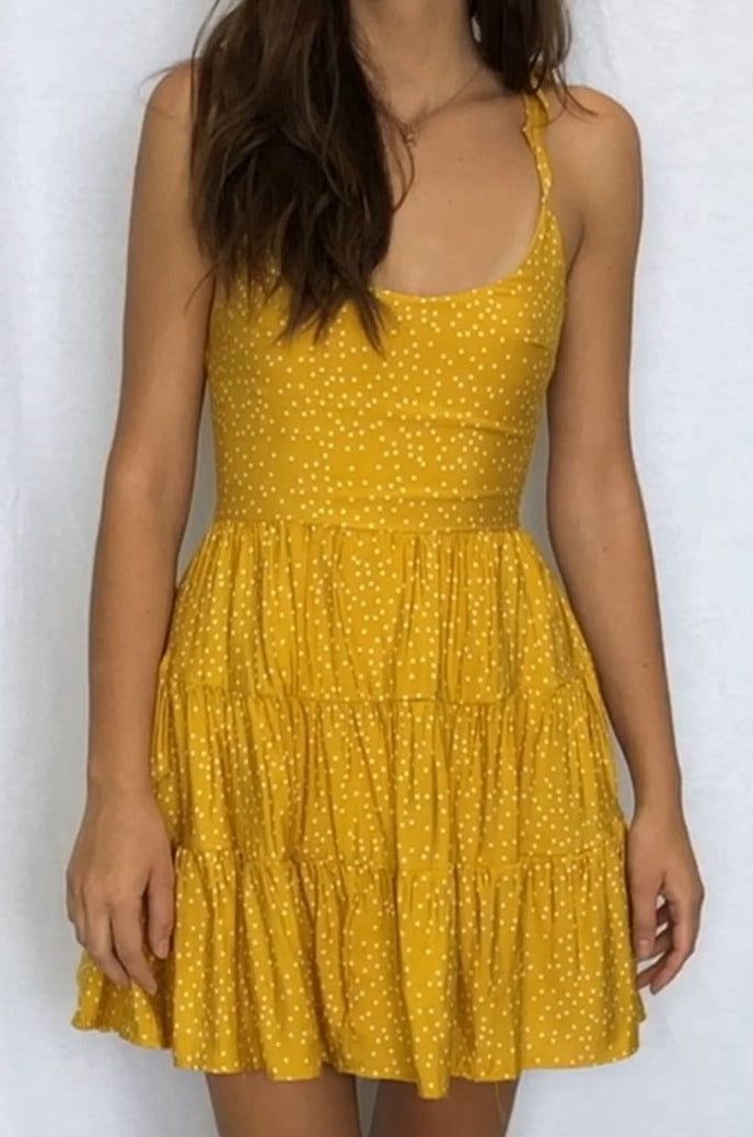 Angel Biba Rocker Babe Mini Dress in Mustard with White Dots - Hey Sara