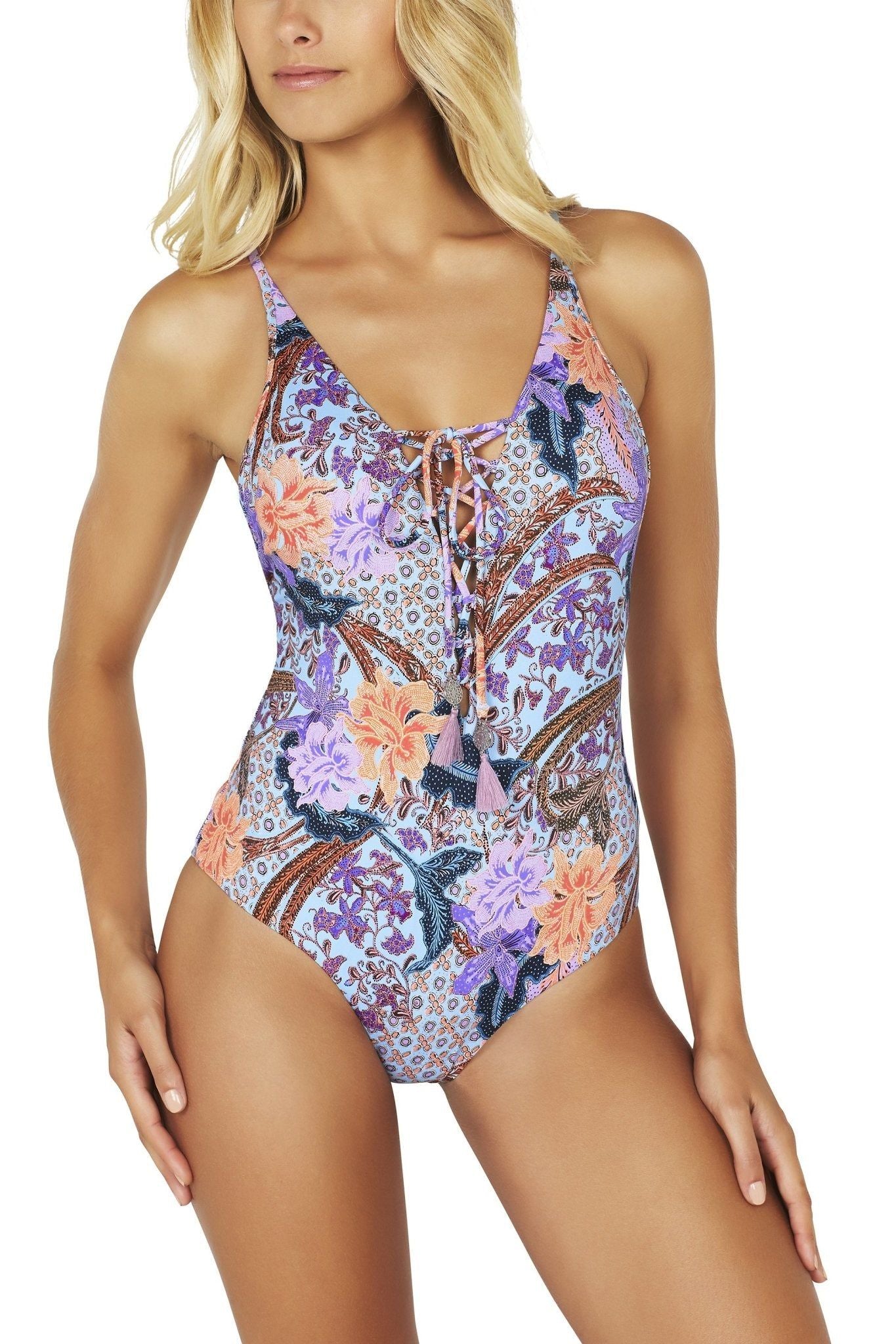 Baku Batika Beach Plunge Lace-up Maillot One Piece in Sky Blue Print - Hey Sara