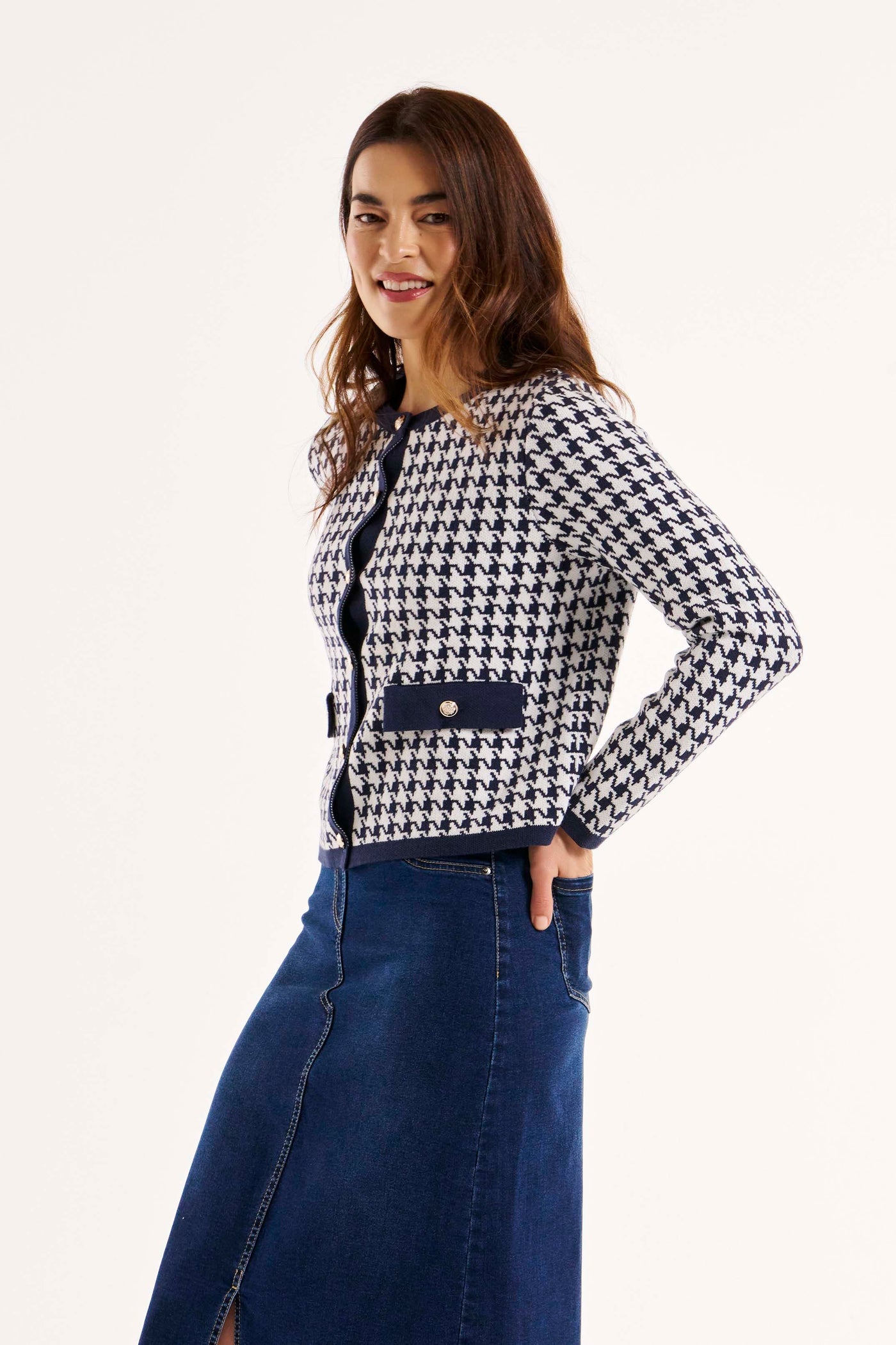 Betty Basics Lady Cardigan in Navy Houndstooth