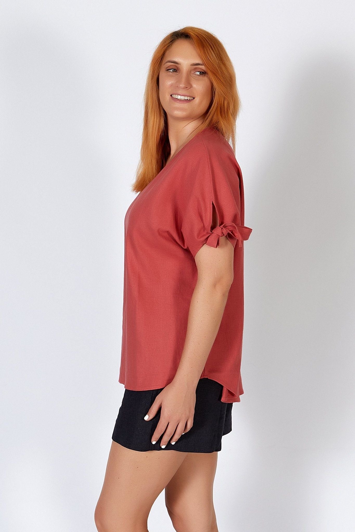 Betty Basics Avery Linen Tie Sleeve Top in Berry - Hey Sara