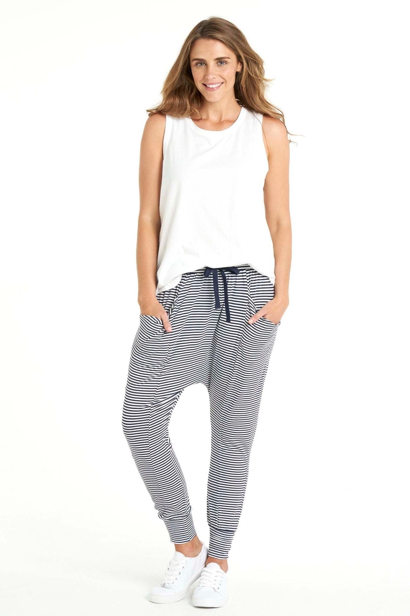 Betty Basics Barcelona Pants in Navy White Stripe - Hey Sara