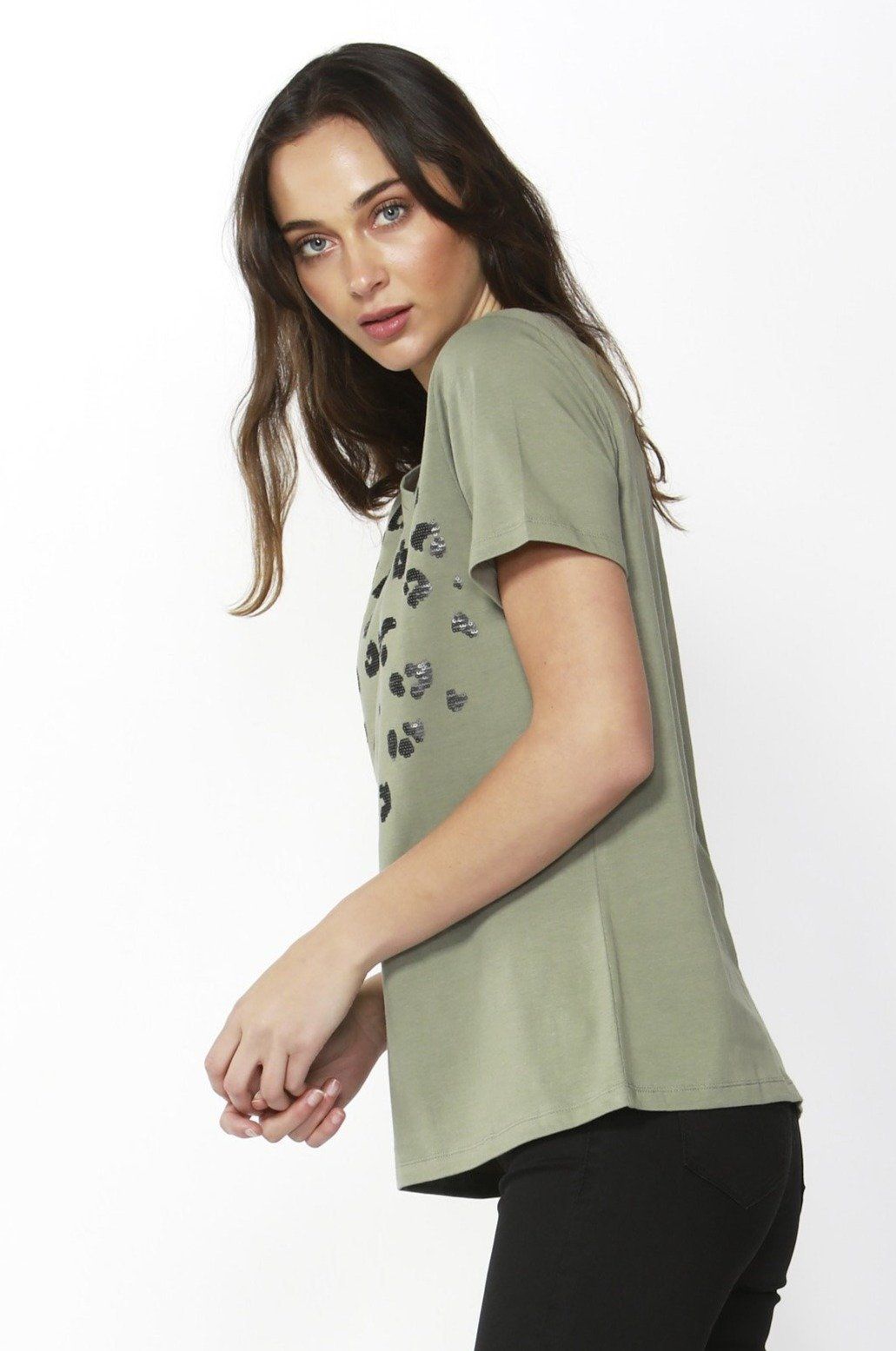 Betty Basics Cara Tee in Moss with Sequin Trim - Hey Sara