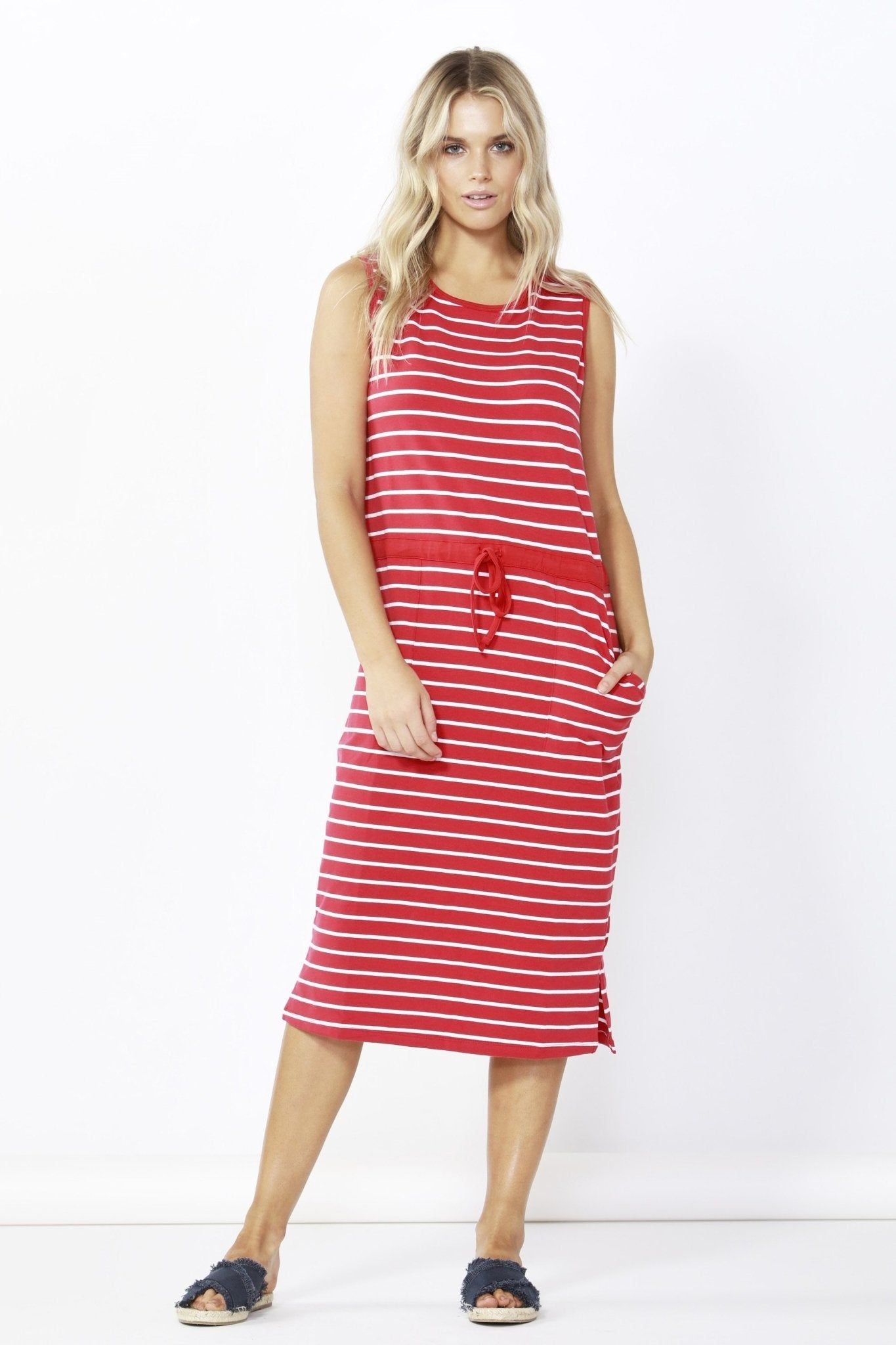 Betty Basics Jennifer Midi Dress in Red White Stripe - Hey Sara