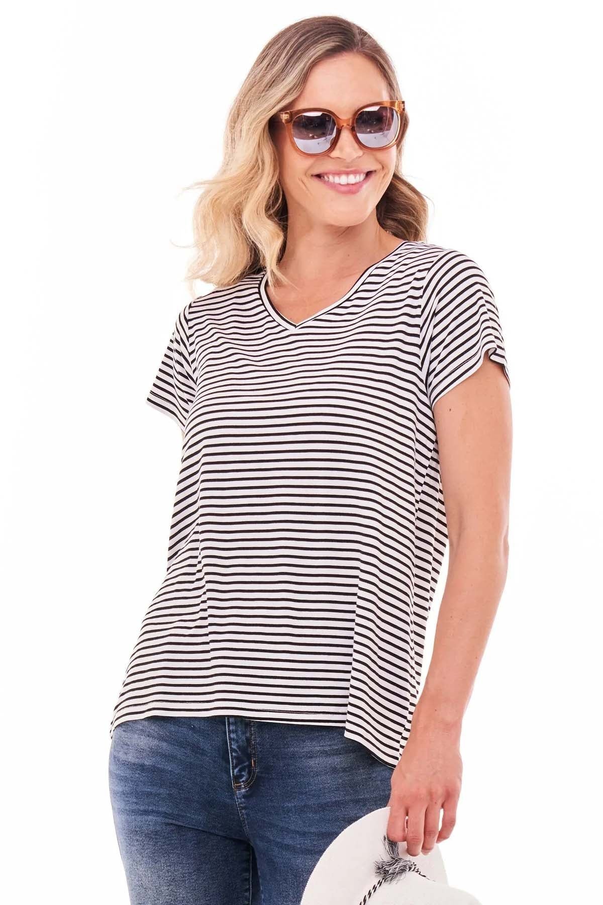 Betty Basics Matilda V-Neck Tee in Noir Stripe - Hey Sara