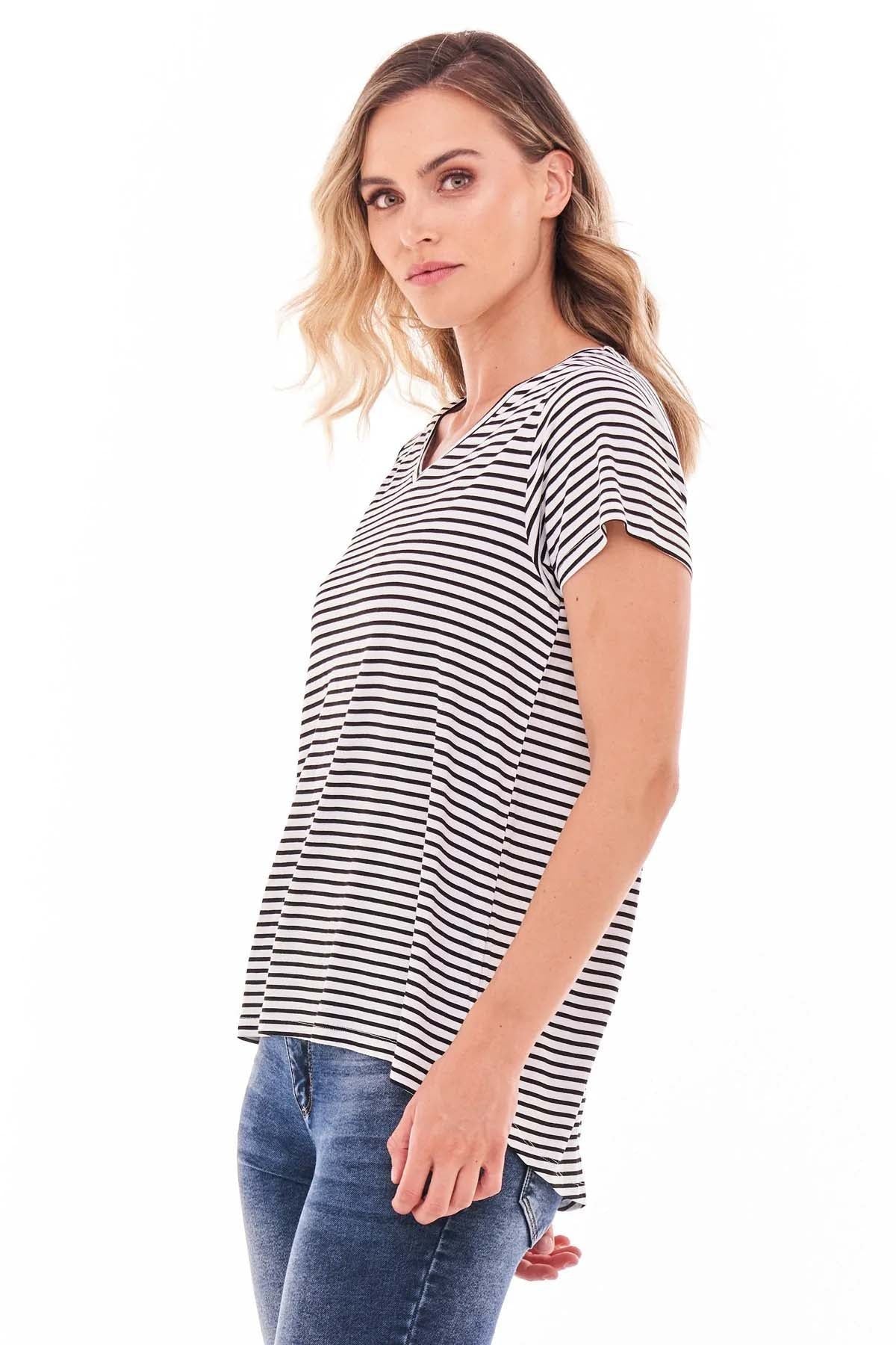 Betty Basics Matilda V-Neck Tee in Noir Stripe - Hey Sara