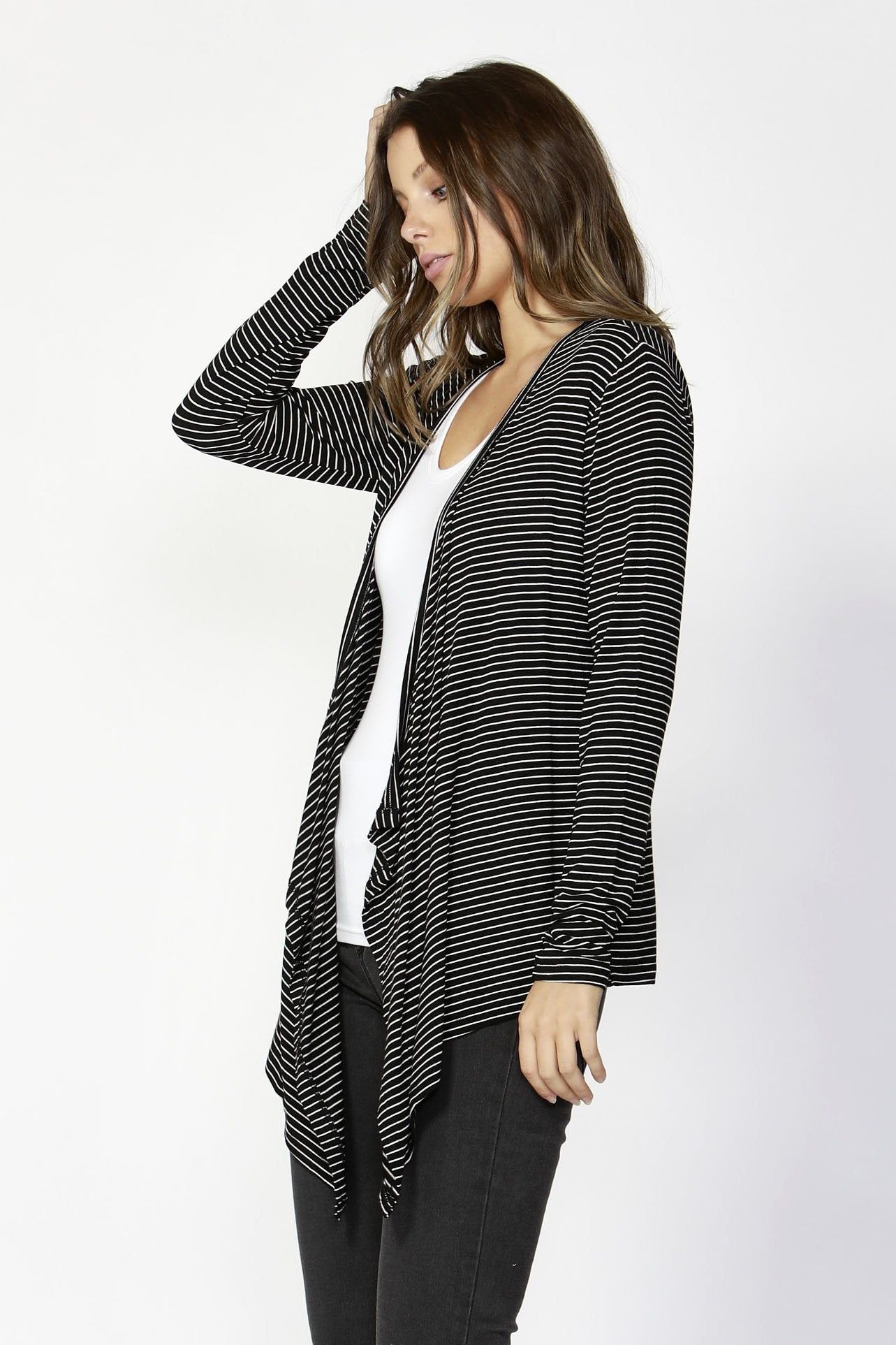 Betty Basics Melbourne Cardigan in Black White Stripe - Hey Sara