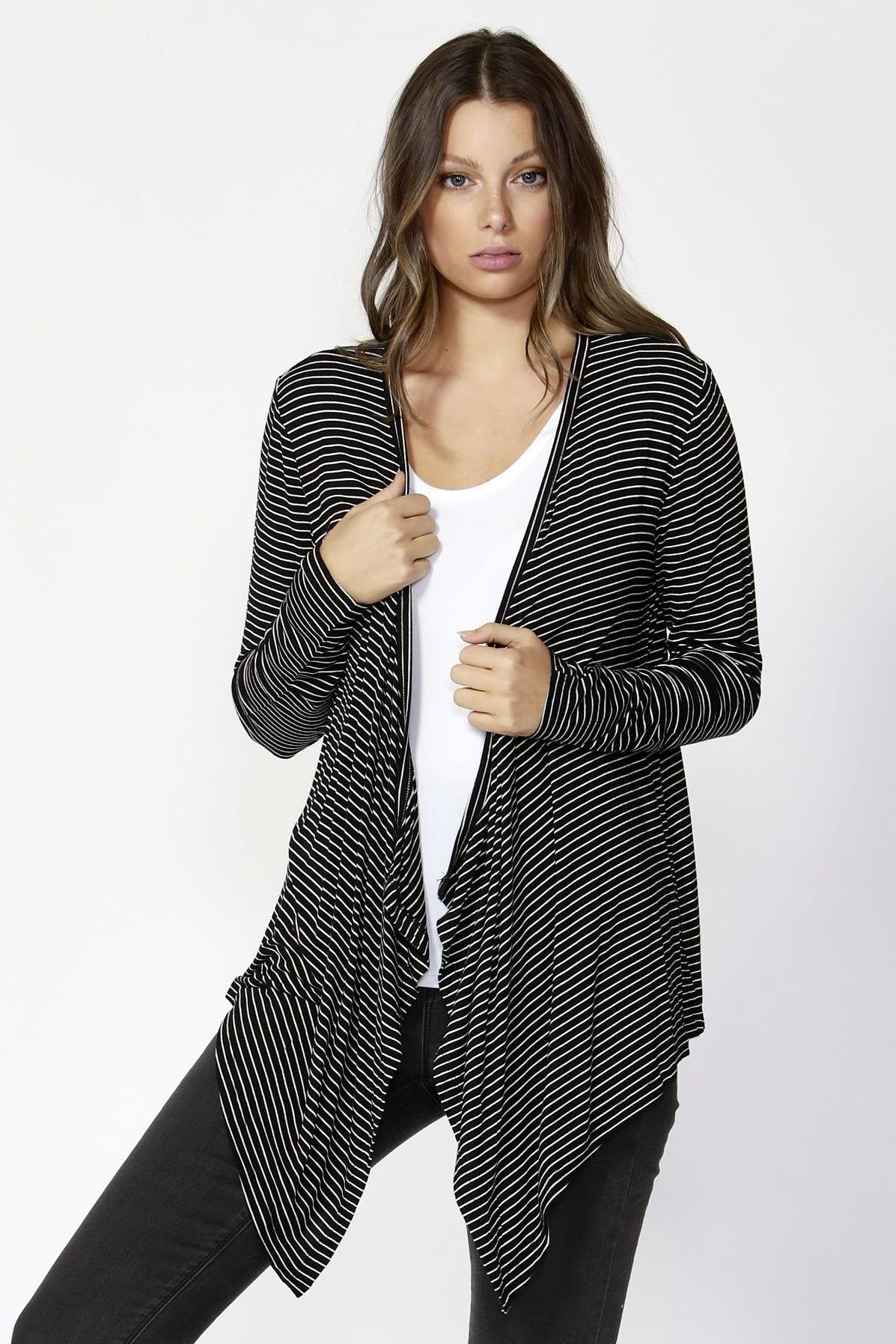Betty Basics Melbourne Cardigan in Black White Stripe - Hey Sara