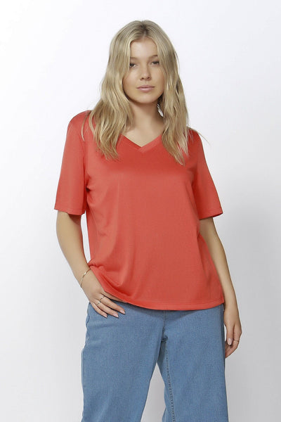 Betty Basics Messina V-Neck Tee in Tangerine - Hey Sara