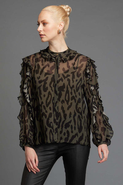 Fate + Becker Dreaming Frill Sleeve Top in Khaki Animal - Hey Sara
