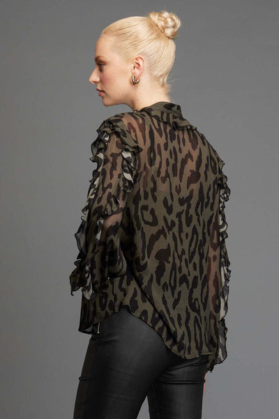 Fate + Becker Dreaming Frill Sleeve Top in Khaki Animal - Hey Sara