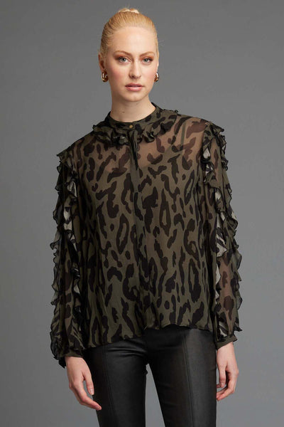 Fate + Becker Dreaming Frill Sleeve Top in Khaki Animal - Hey Sara