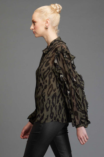 Fate + Becker Dreaming Frill Sleeve Top in Khaki Animal - Hey Sara
