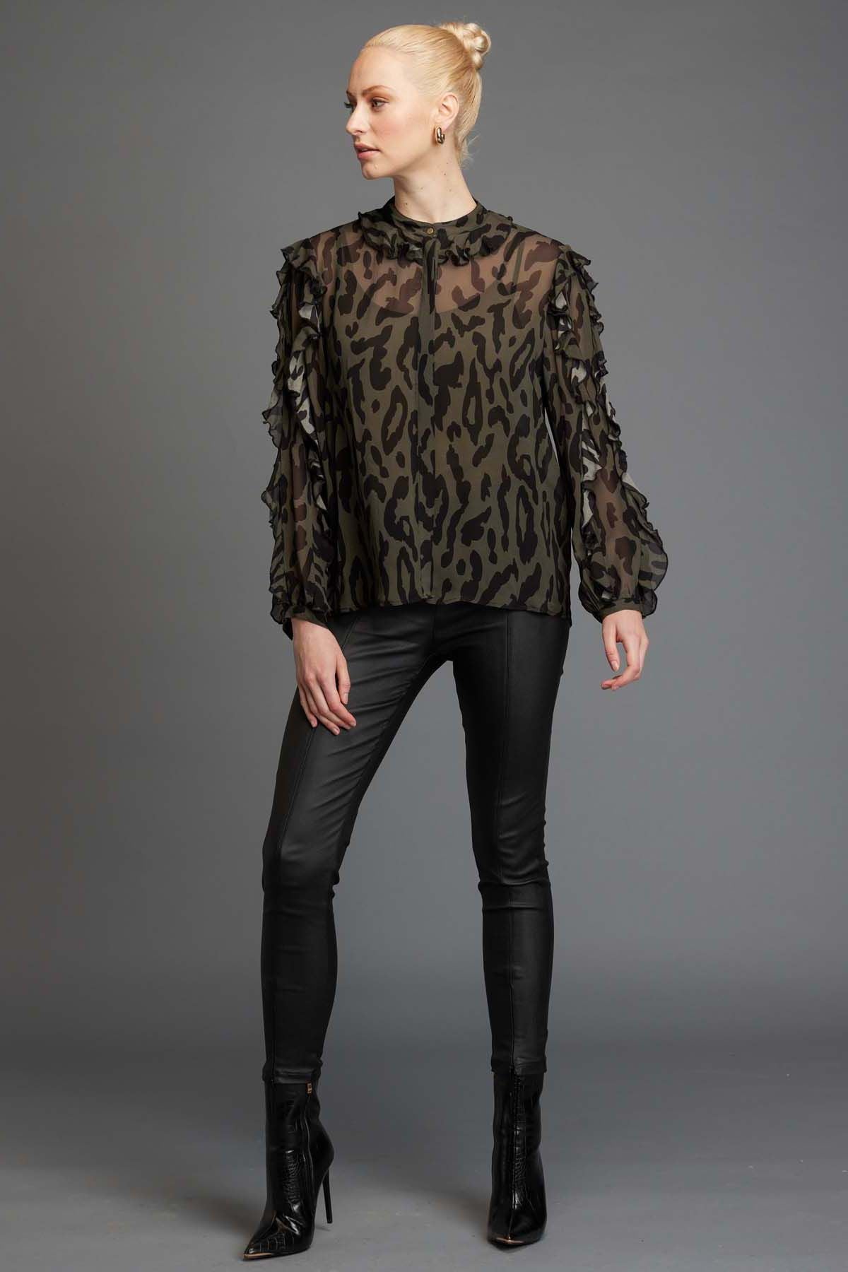 Fate + Becker Dreaming Frill Sleeve Top in Khaki Animal - Hey Sara