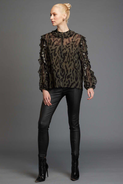 Fate + Becker Dreaming Frill Sleeve Top in Khaki Animal - Hey Sara