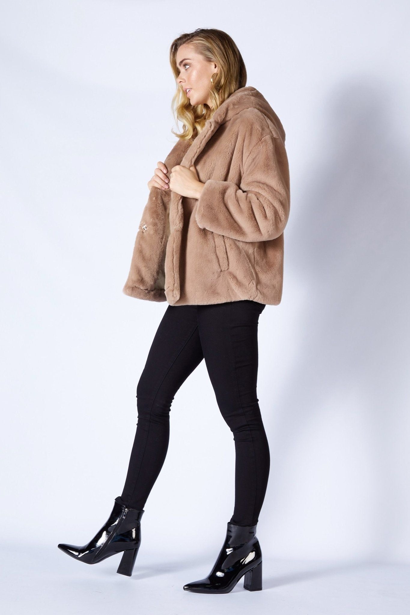 Fate + Becker Ellis Faux Fur Coat in Light Mocha - Hey Sara