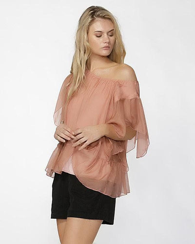 Fate + Becker Este Ruffled Sheer Silk Blouse in Blush - Hey Sara