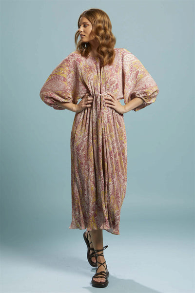 Fate + Becker First Move Pleated Midi Dress in Golden Paisley - Hey Sara