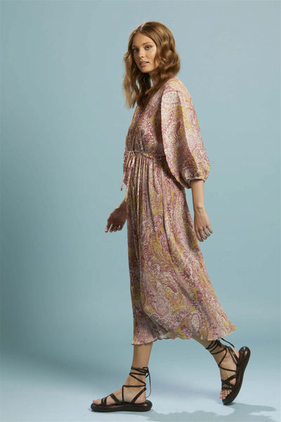 Fate + Becker First Move Pleated Midi Dress in Golden Paisley - Hey Sara