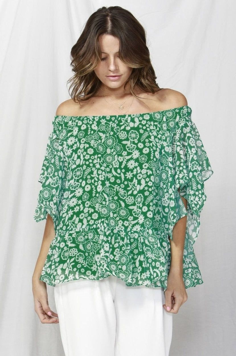 Fate + Becker La Spezia Ruffled Blouse in Green Print - Hey Sara