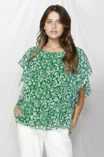 Fate + Becker La Spezia Ruffled Blouse in Green Print - Hey Sara