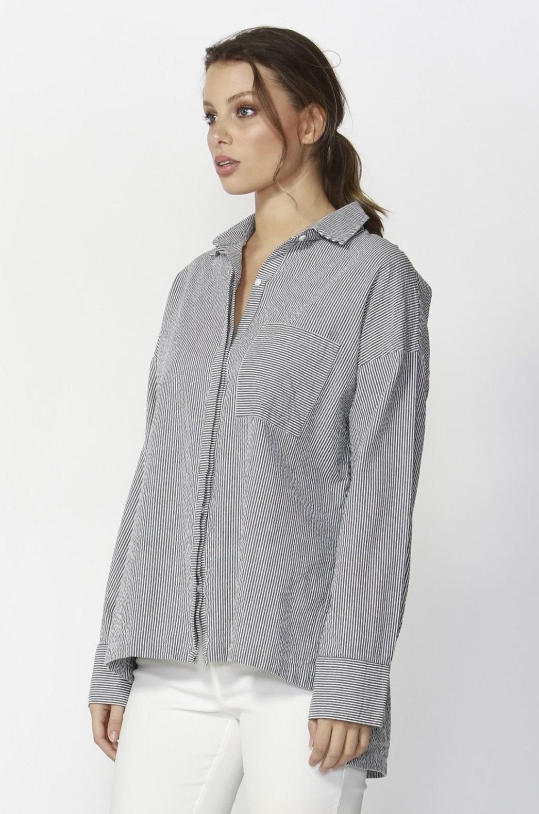 Fate + Becker Live-In Oversized Shirt in Grey White Stripe - Hey Sara