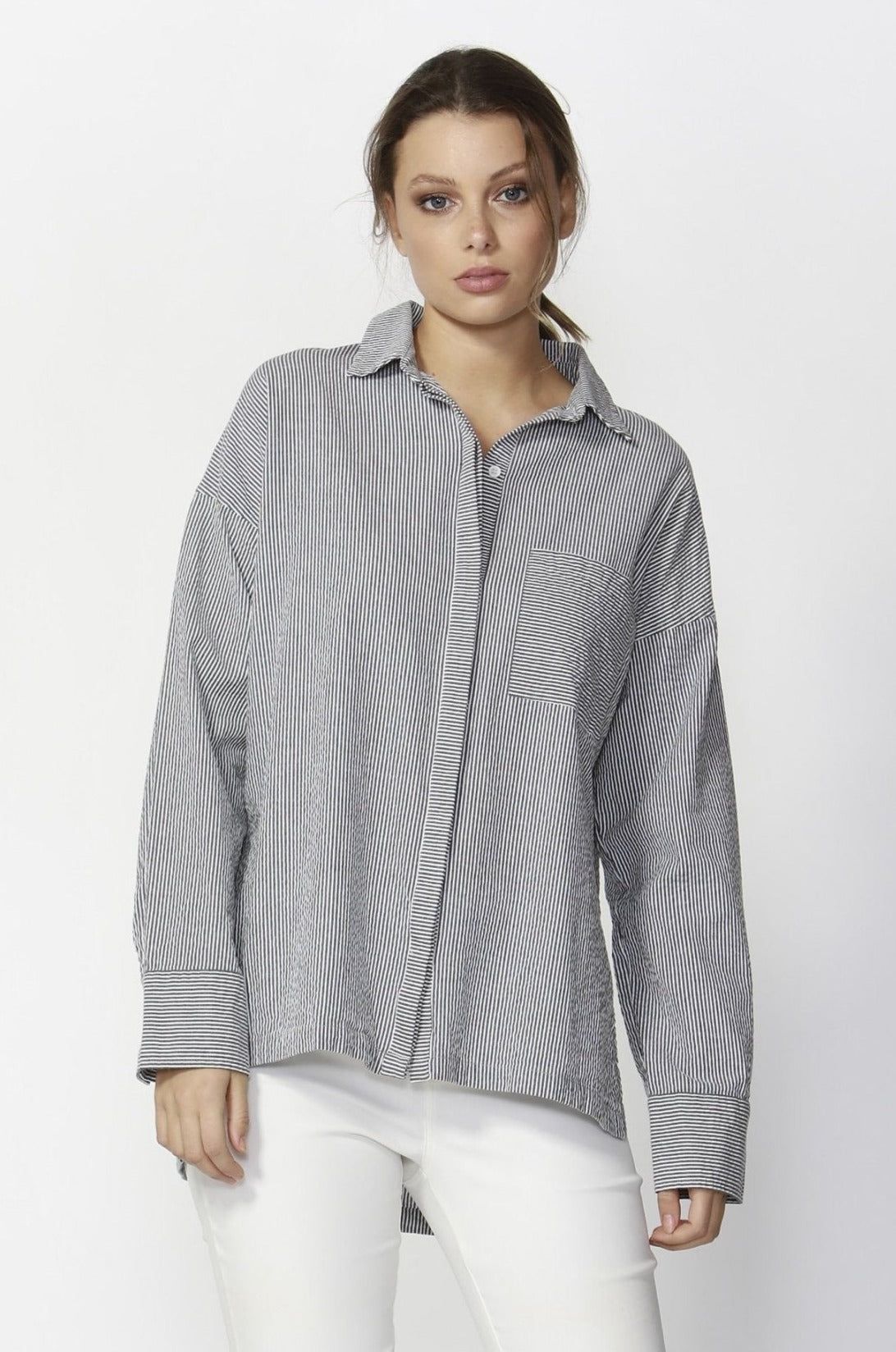 Fate + Becker Live-In Oversized Shirt in Grey White Stripe - Hey Sara