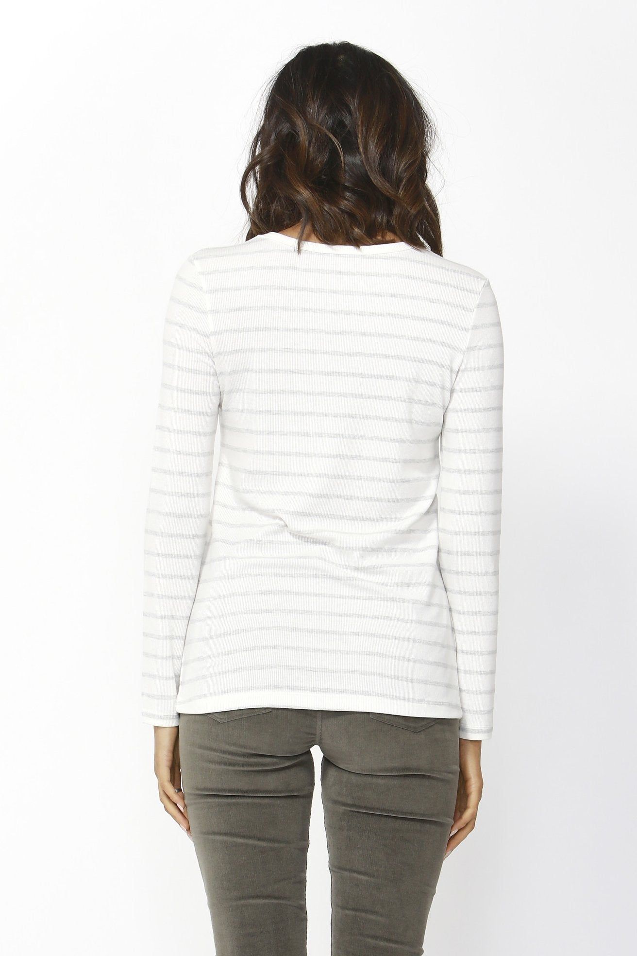 Betty Basics Holly Rib Long Sleeve Tee in White / Grey Stripe - Hey Sara