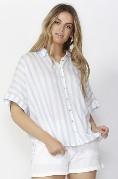 Sass Summertime Oversized Shirt in White with Sky Blue Stripe - Hey Sara
